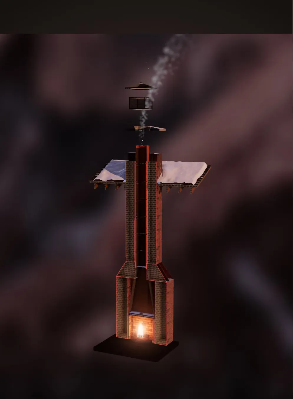 An illustration of a chimney with its parts separated, from the cap down to the firebox