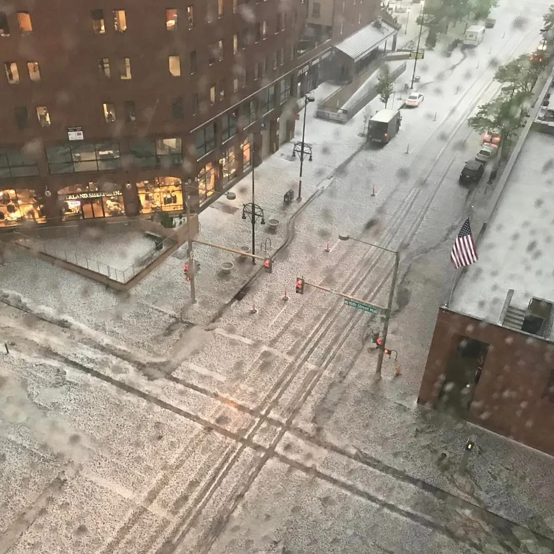 Hail and slush covering a street in downtown Denver during the storm of May 8, 2017, seen from a window above