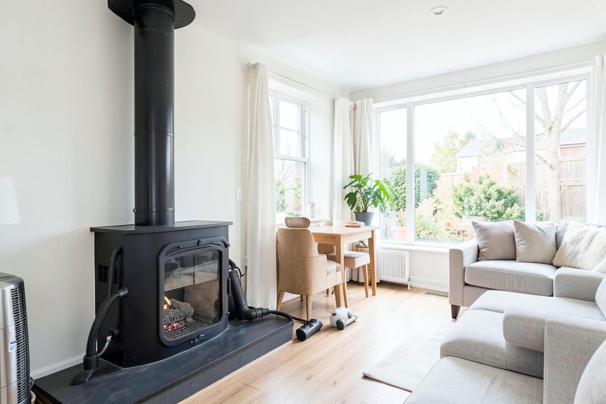 Clean wood stove and flue in a bright, airy living room