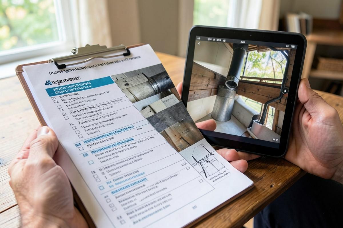 Chimney inspection report and flue camera footage on a tablet