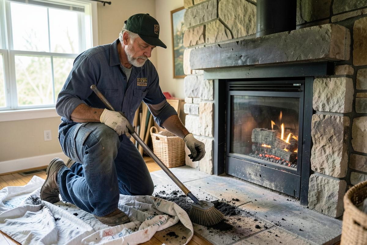 Chimney sweep technician brushing soot from a home fireplace